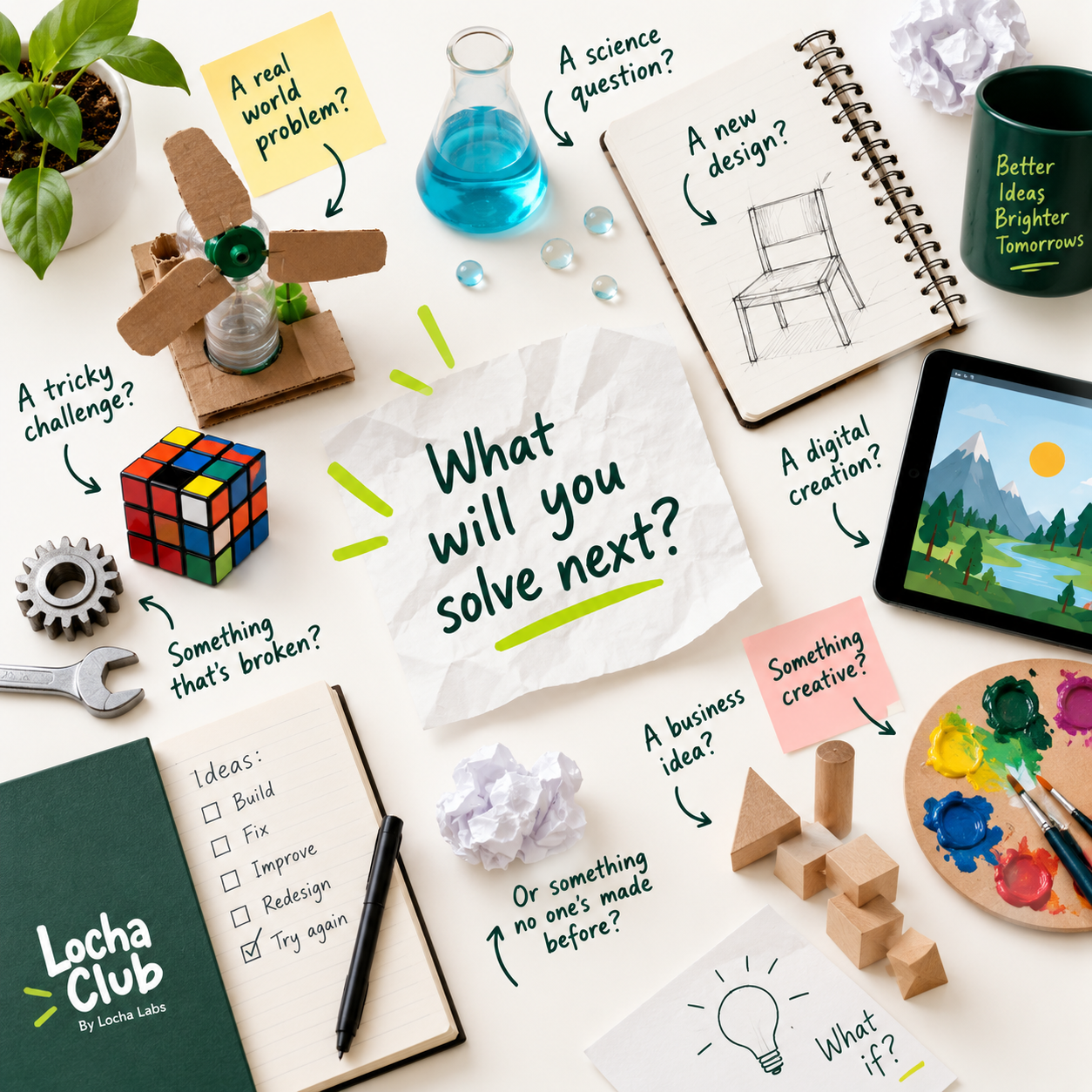 A collage of things to solve: robotics, science, design, business ideas and more